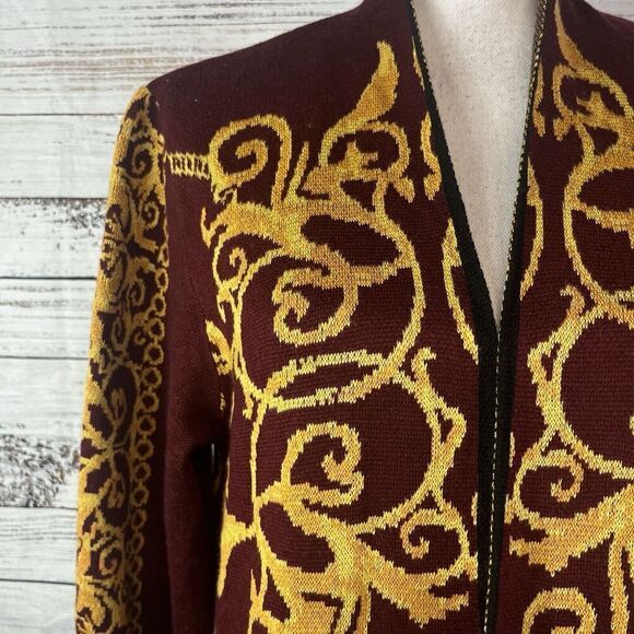 Vertigo Paris Gold Burgundy Motif Wool Open Front Long Cardigan Duster sz Small - Picture 8 of 16
